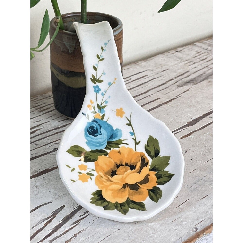 Country Pioneer Woman Ceramic Spoon Rest Blue & Yellow Gold Floral Rose Shadow